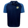 Crafted with Vapodri fabrics, the EMB Canterbury Noble Street College Prep Elite Polo features a navy blue body, light blue sleeves, a tiger logo on the chest, and a small manufacturer's logo on the shoulder. This lightweight and durable shirt is perfect for any occasion.