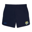 Navy blue gym shorts featuring a bold tiger logo on the right leg and a sleek blue emblem on the left, crafted for peak performance. The Noble Street College Prep Women's Elite Woven Short by EMB Canterbury is perfect for your next workout session.