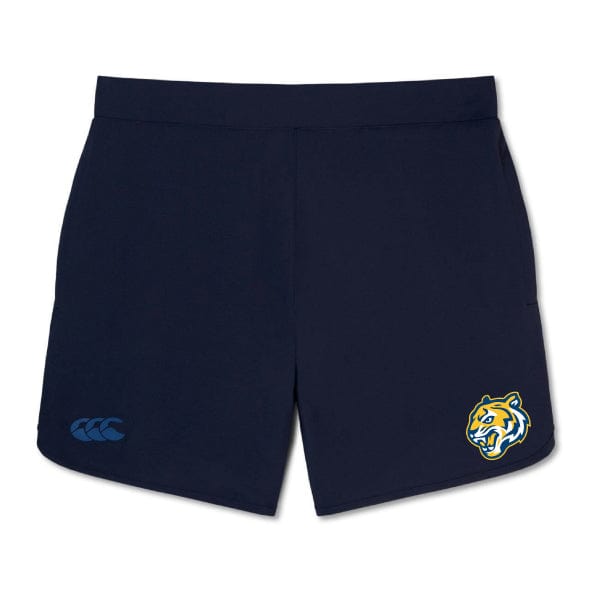 Navy blue gym shorts featuring a bold tiger logo on the right leg and a sleek blue emblem on the left, crafted for peak performance. The Noble Street College Prep Women's Elite Woven Short by EMB Canterbury is perfect for your next workout session.