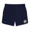 Navy blue gym shorts featuring a bold tiger logo on the right leg and a sleek blue emblem on the left, crafted for peak performance. The Noble Street College Prep Women's Elite Woven Short by EMB Canterbury is perfect for your next workout session.