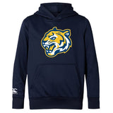 The Noble Street College Prep Club Lightweight Hoodie by WRS Canterbury is a dark blue hoodie with a large yellow and white snarling tiger logo on the front, featuring a "CC" Canterbury logo on the left sleeve and a kangaroo pocket.