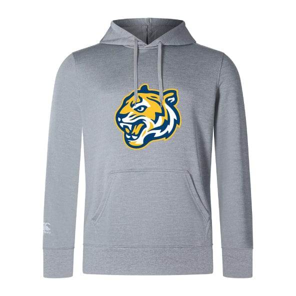 The Noble Street College Prep Club Lightweight Hoodie by WRS Canterbury features a bold blue and yellow tiger logo on the front, with a kangaroo pocket and drawstring hood for comfort.