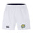 Discover the EMB Canterbury Advantage Short 2.0 by Noble Street College Prep: white athletic shorts with a bold tiger logo on one leg and a sleek black brand logo on the other, crafted from recycled materials for those who prioritize stylish, sustainable performance sportswear.