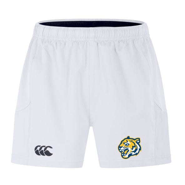 Discover the EMB Canterbury Advantage Short 2.0 by Noble Street College Prep: white athletic shorts with a bold tiger logo on one leg and a sleek black brand logo on the other, crafted from recycled materials for those who prioritize stylish, sustainable performance sportswear.