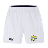 Discover the EMB Canterbury Advantage Short 2.0 by Noble Street College Prep: white athletic shorts with a bold tiger logo on one leg and a sleek black brand logo on the other, crafted from recycled materials for those who prioritize stylish, sustainable performance sportswear.