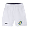 Discover the EMB Canterbury Advantage Short 2.0 by Noble Street College Prep: white athletic shorts with a bold tiger logo on one leg and a sleek black brand logo on the other, crafted from recycled materials for those who prioritize stylish, sustainable performance sportswear.