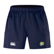 The Noble Street College Prep Advantage Short 2.0 by EMB Canterbury shorts, in navy blue, showcase the brand’s logo on the left thigh and a tiger emblem on the right. Made from sustainable materials, they include a stretch gusset for improved comfort and mobility.