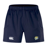 The Noble Street College Prep Advantage Short 2.0 by EMB Canterbury shorts, in navy blue, showcase the brand’s logo on the left thigh and a tiger emblem on the right. Made from sustainable materials, they include a stretch gusset for improved comfort and mobility.