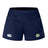 The Noble Street College Prep Women's Advantage Short 2.0 by EMB Canterbury are navy blue athletic shorts with a white logo on the left and a tiger emblem on the right. Designed for performance and sustainability, they incorporate recycled materials for an eco-friendly touch.