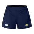 The Noble Street College Prep Women's Advantage Short 2.0 by EMB Canterbury are navy blue athletic shorts with a white logo on the left and a tiger emblem on the right. Designed for performance and sustainability, they incorporate recycled materials for an eco-friendly touch.
