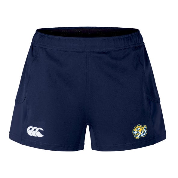 The Noble Street College Prep Women's Advantage Short 2.0 by EMB Canterbury are navy blue athletic shorts with a white logo on the left and a tiger emblem on the right. Designed for performance and sustainability, they incorporate recycled materials for an eco-friendly touch.