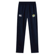 Navy blue stretch tapered workout pants with an elastic waistband, featuring a logo on the left thigh and EMB Canterbury branding on the right thigh. Noble Street College Prep Stretch Tapered Pant by Canterbury.