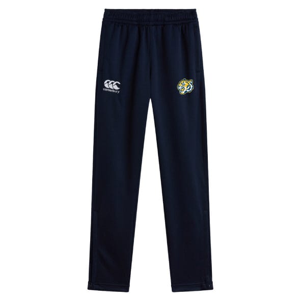 Navy blue stretch tapered workout pants with an elastic waistband, featuring a logo on the left thigh and EMB Canterbury branding on the right thigh. Noble Street College Prep Stretch Tapered Pant by Canterbury.