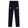 Navy blue stretch tapered workout pants with an elastic waistband, featuring a logo on the left thigh and EMB Canterbury branding on the right thigh. Noble Street College Prep Stretch Tapered Pant by Canterbury.