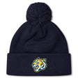 Navy blue Noble Street College Prep Pom Pom Beanie by EMB Canterbury with a pom-pom on top, featuring an embroidered yellow tiger logo on the front.