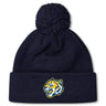 Navy blue Noble Street College Prep Pom Pom Beanie by EMB Canterbury with a pom-pom on top, featuring an embroidered yellow tiger logo on the front.