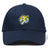 The Noble Street College Prep Flexfit Drill Cap by EMB Canterbury features a curved brim and a striking yellow and white tiger logo on its navy blue front.