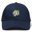 The Noble Street College Prep Flexfit Drill Cap by EMB Canterbury features a curved brim and a striking yellow and white tiger logo on its navy blue front.