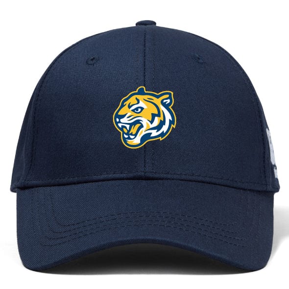 The Noble Street College Prep Flexfit Drill Cap by EMB Canterbury features a curved brim and a striking yellow and white tiger logo on its navy blue front.