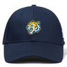 The Noble Street College Prep Flexfit Drill Cap by EMB Canterbury features a curved brim and a striking yellow and white tiger logo on its navy blue front.