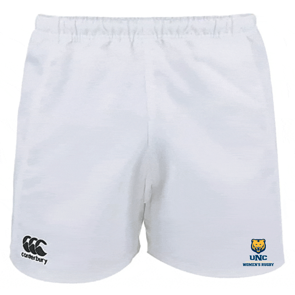 The University of Northern Colorado Women Player's Drill Short by EMB Canterbury are white, made from recycled fabric, with the Canterbury logo on the left thigh and UNC Women's Rugby on the right thigh.