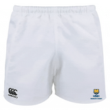 The University of Northern Colorado Women Player's Drill Short by EMB Canterbury are white, made from recycled fabric, with the Canterbury logo on the left thigh and UNC Women's Rugby on the right thigh.
