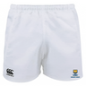 The University of Northern Colorado Women Player's Drill Short by EMB Canterbury are white, made from recycled fabric, with the Canterbury logo on the left thigh and UNC Women's Rugby on the right thigh.