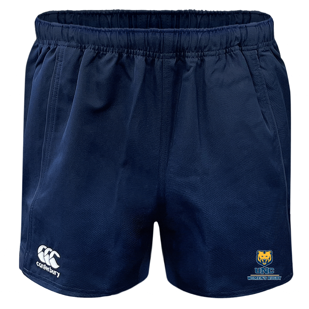 The University of Northern Colorado Women Player's Drill Short by EMB Canterbury features navy blue recycled fabric, an elastic waistband for comfort, and displays a small "UNC Women's Rugby" logo alongside the iconic Canterbury logo.