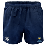 The University of Northern Colorado Women Player's Drill Short by EMB Canterbury features navy blue recycled fabric, an elastic waistband for comfort, and displays a small "UNC Women's Rugby" logo alongside the iconic Canterbury logo.