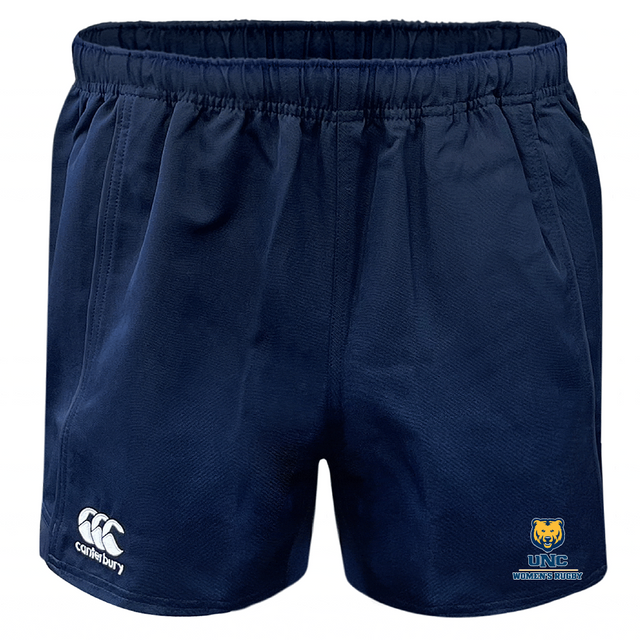 The University of Northern Colorado Women Player's Drill Short by EMB Canterbury features navy blue recycled fabric, an elastic waistband for comfort, and displays a small "UNC Women's Rugby" logo alongside the iconic Canterbury logo.