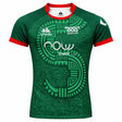 Show your support with the Las Serpientes Mexico Rugby Replica Jersey by Credo Rugby, featuring a green design with red trim, abstract patterns, and bold white sponsor logos—a must-have for passionate fans.