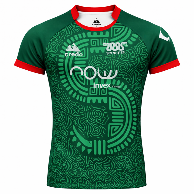 Show your support with the Las Serpientes Mexico Rugby Replica Jersey by Credo Rugby, featuring a green design with red trim, abstract patterns, and bold white sponsor logos—a must-have for passionate fans.