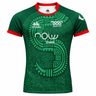 Show your support with the Las Serpientes Mexico Rugby Replica Jersey by Credo Rugby, featuring a green design with red trim, abstract patterns, and bold white sponsor logos—a must-have for passionate fans.