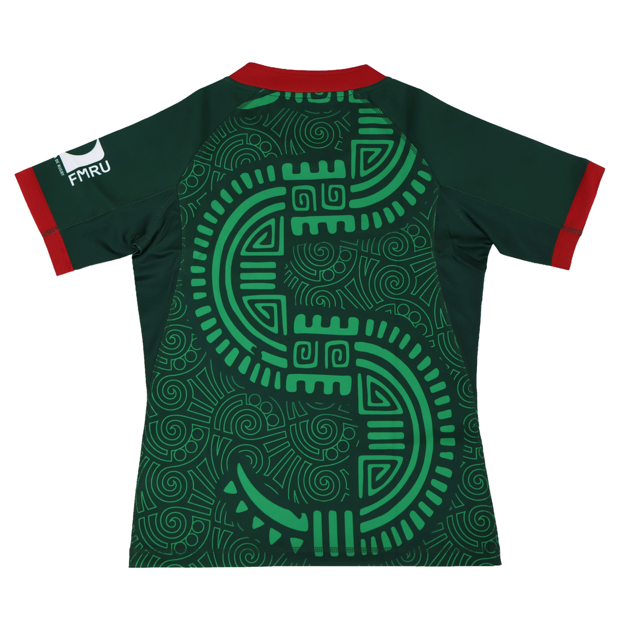 The Las Serpientes Mexico Rugby Replica Jersey by Credo Rugby features a dark green design with red collar and cuffs, a large light green geometric pattern on the back, and an FMRU logo on the right sleeve.