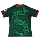 The Las Serpientes Mexico Rugby Replica Jersey by Credo Rugby features a dark green design with red collar and cuffs, a large light green geometric pattern on the back, and an FMRU logo on the right sleeve.
