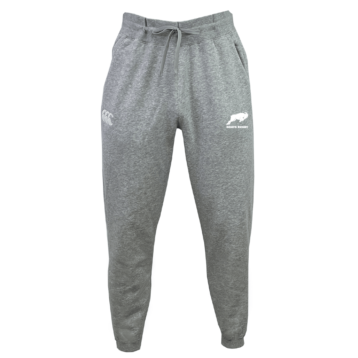 The Omaha GOATS Rugby Leisure Sweatpant by EMB Canterbury showcases gray sweatpants made from recycled polyester and organic cotton, complete with an elastic waistband, drawstring, ribbed ankle cuffs, and logos on the upper thigh areas.