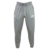 The Omaha GOATS Rugby Leisure Sweatpant by EMB Canterbury showcases gray sweatpants made from recycled polyester and organic cotton, complete with an elastic waistband, drawstring, ribbed ankle cuffs, and logos on the upper thigh areas.