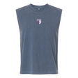 The OMBAC Youth Rugby Unisex Muscle Tee by EMB S&S Activewear is a sleeveless blue-gray shirt with a small purple and white shield logo and “Orange Rugby” text on the upper left chest.
