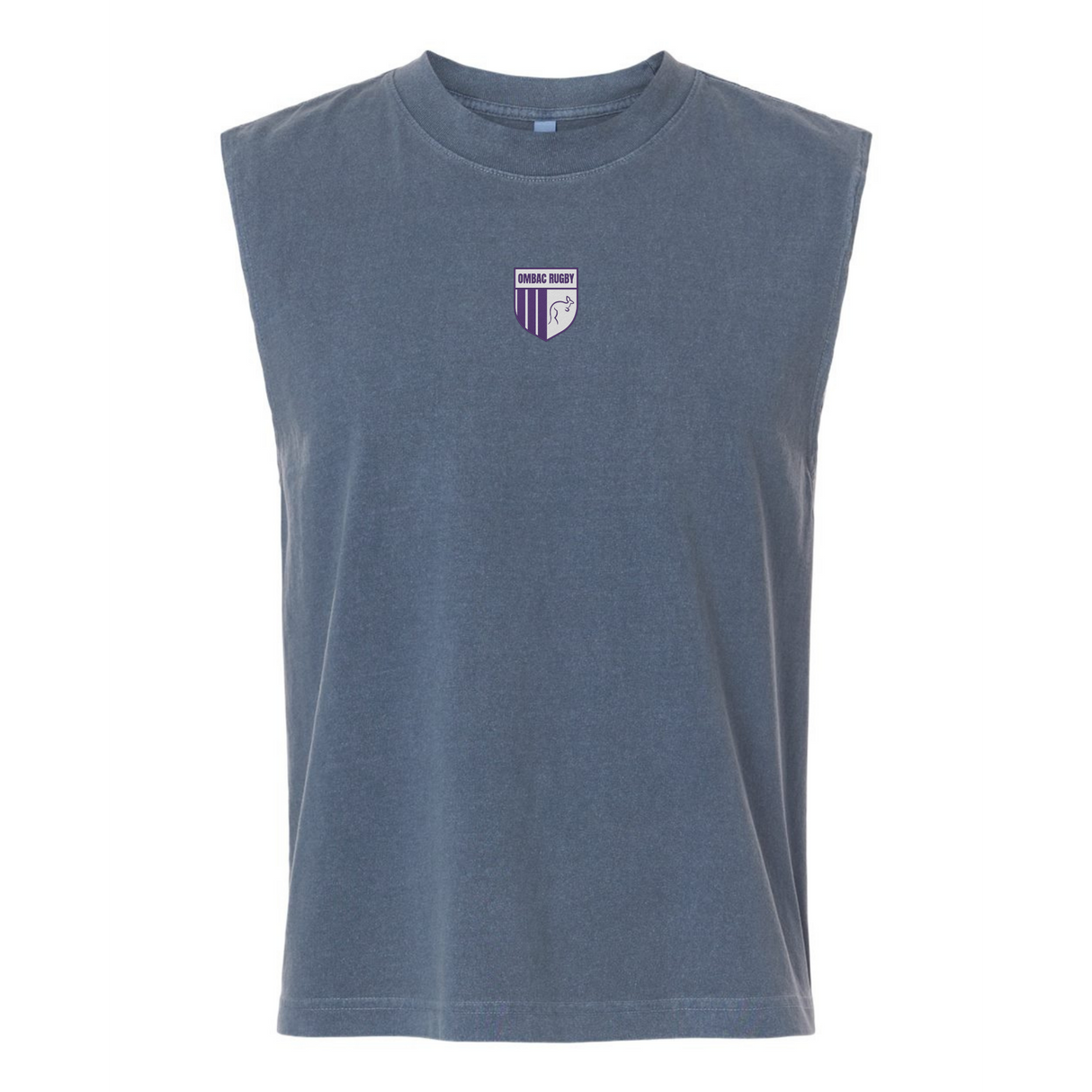 The OMBAC Youth Rugby Unisex Muscle Tee by EMB S&S Activewear is a sleeveless blue-gray shirt with a small purple and white shield logo and “Orange Rugby” text on the upper left chest.