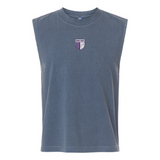 The OMBAC Youth Rugby Unisex Muscle Tee by EMB S&S Activewear is a sleeveless blue-gray shirt with a small purple and white shield logo and “Orange Rugby” text on the upper left chest.
