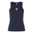 The Women's OMBAC Youth Rugby Baby Rib Tank by EMB S&S Activewear is a navy blue sleeveless top featuring a small purple and white chest crest, perfect as a custom women’s rugby tank.