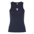 The Women's OMBAC Youth Rugby Baby Rib Tank by EMB S&S Activewear is a navy blue sleeveless top featuring a small purple and white chest crest, perfect as a custom women’s rugby tank.