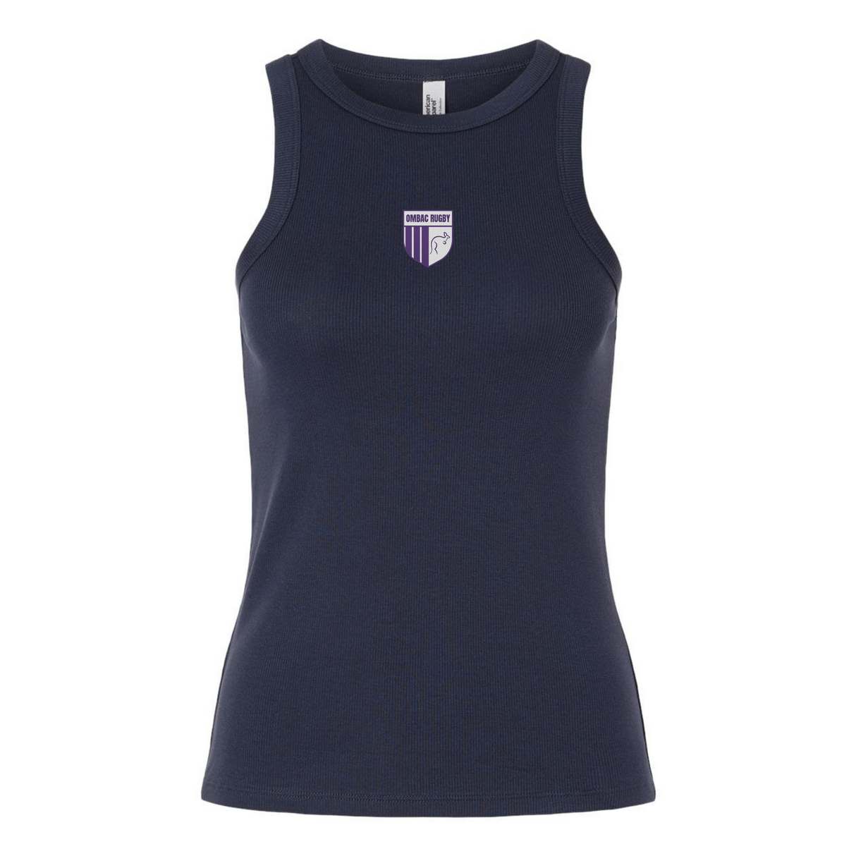 The Women's OMBAC Youth Rugby Baby Rib Tank by EMB S&S Activewear is a navy blue sleeveless top featuring a small purple and white chest crest, perfect as a custom women’s rugby tank.