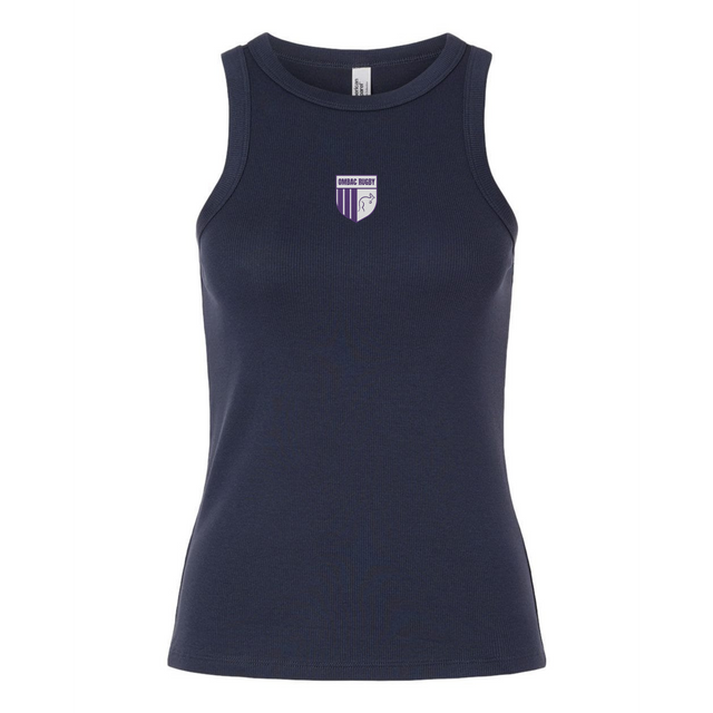 The Women's OMBAC Youth Rugby Baby Rib Tank by EMB S&S Activewear is a navy blue sleeveless top featuring a small purple and white chest crest, perfect as a custom women’s rugby tank.