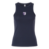 The Women's OMBAC Youth Rugby Baby Rib Tank by EMB S&S Activewear is a navy blue sleeveless top featuring a small purple and white chest crest, perfect as a custom women’s rugby tank.