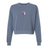 The Women's OMBAC Youth Rugby Mid-Length Crewneck Sweatshirt by EMB S&S Activewear is a blue, garment-dyed women's crewneck featuring a small purple and white shield logo with "Orange Rugby" on the left chest.