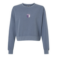 The Women's OMBAC Youth Rugby Mid-Length Crewneck Sweatshirt by EMB S&S Activewear is a blue, garment-dyed women's crewneck featuring a small purple and white shield logo with "Orange Rugby" on the left chest.
