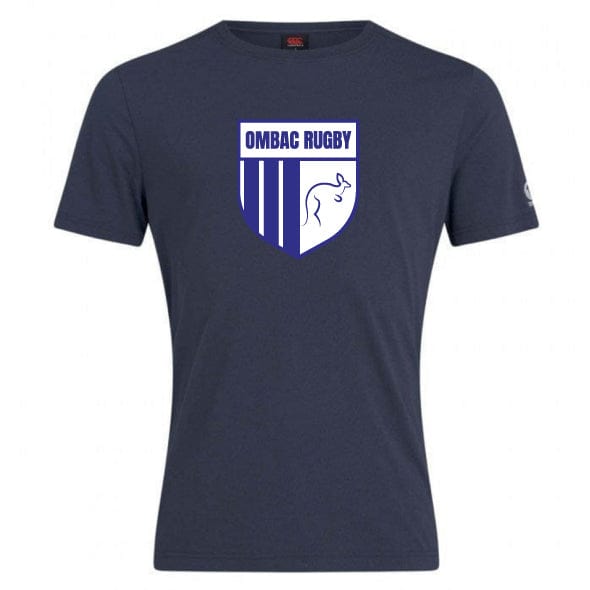 Navy blue "OMBAC Rugby Club Crest Plain Tee" by WRS Canterbury, crafted from a premium cotton-heavy blend, featuring a shield design with a white and blue "OMBAC Rugby" logo on the front.