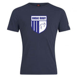 Navy blue "OMBAC Rugby Club Crest Plain Tee" by WRS Canterbury, crafted from a premium cotton-heavy blend, featuring a shield design with a white and blue "OMBAC Rugby" logo on the front.