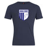 Navy blue "OMBAC Rugby Club Crest Plain Tee" by WRS Canterbury, crafted from a premium cotton-heavy blend, featuring a shield design with a white and blue "OMBAC Rugby" logo on the front.
